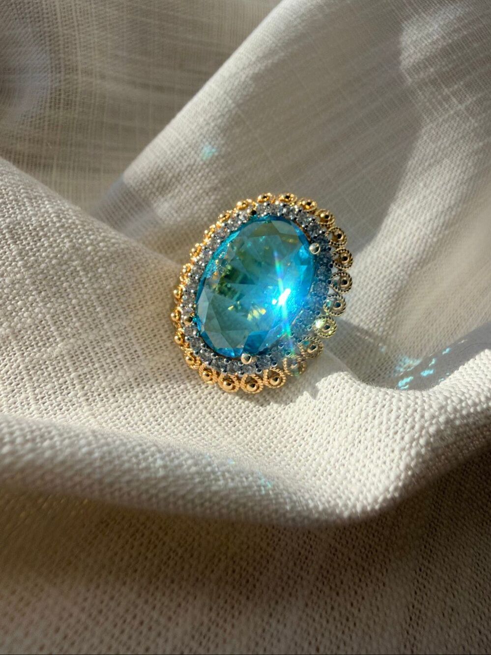 Aqua Blue Cubic Zirconia Oval Statement Ring Gold Tone